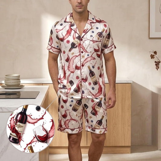 Silky Red Wine Pajama Set for Men, Alcohol Print PJs for Wine Lovers, Comfy Men's Sleepwear with Pocket, Short and Long Sleeve Pajamas