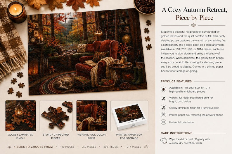 Cozy Autumn Puzzle for Adults Fall Reading Nook Cat Jigsaw Puzzle Book Lover Gift Rainy Day Activity Cozy Cottage Fall Decor 110-1014 Pieces