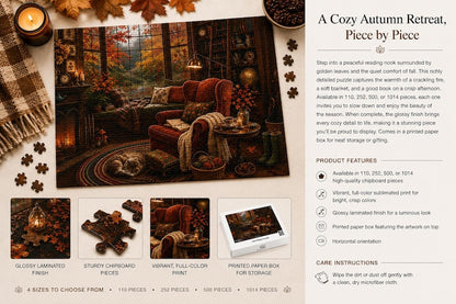 Cozy Autumn Puzzle for Adults Fall Reading Nook Cat Jigsaw Puzzle Book Lover Gift Rainy Day Activity Cozy Cottage Fall Decor 110-1014 Pieces