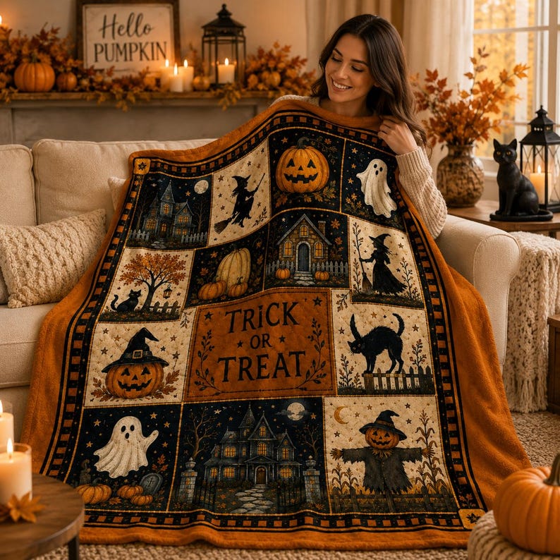 Vintage Halloween Flannel Blanket,Trick or Treat Pumpkin Ghost Witch Black Cat Throw,Spooky Autumn Home Decor,Cozy Fall Gift for Her Autumn
