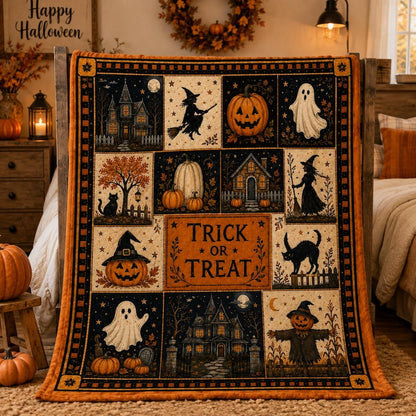 Vintage Halloween Flannel Blanket,Trick or Treat Pumpkin Ghost Witch Black Cat Throw,Spooky Autumn Home Decor,Cozy Fall Gift for Her Autumn