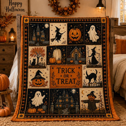 Vintage Halloween Flannel Blanket,Trick or Treat Pumpkin Ghost Witch Black Cat Throw,Spooky Autumn Home Decor,Cozy Fall Gift for Her Autumn