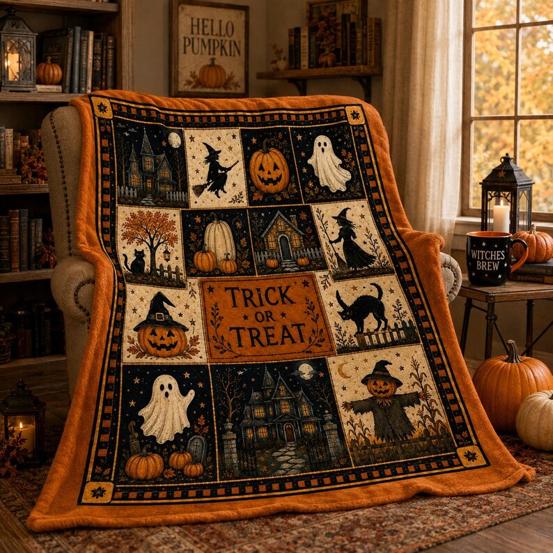 Vintage Halloween Flannel Blanket,Trick or Treat Pumpkin Ghost Witch Black Cat Throw,Spooky Autumn Home Decor,Cozy Fall Gift for Her Autumn