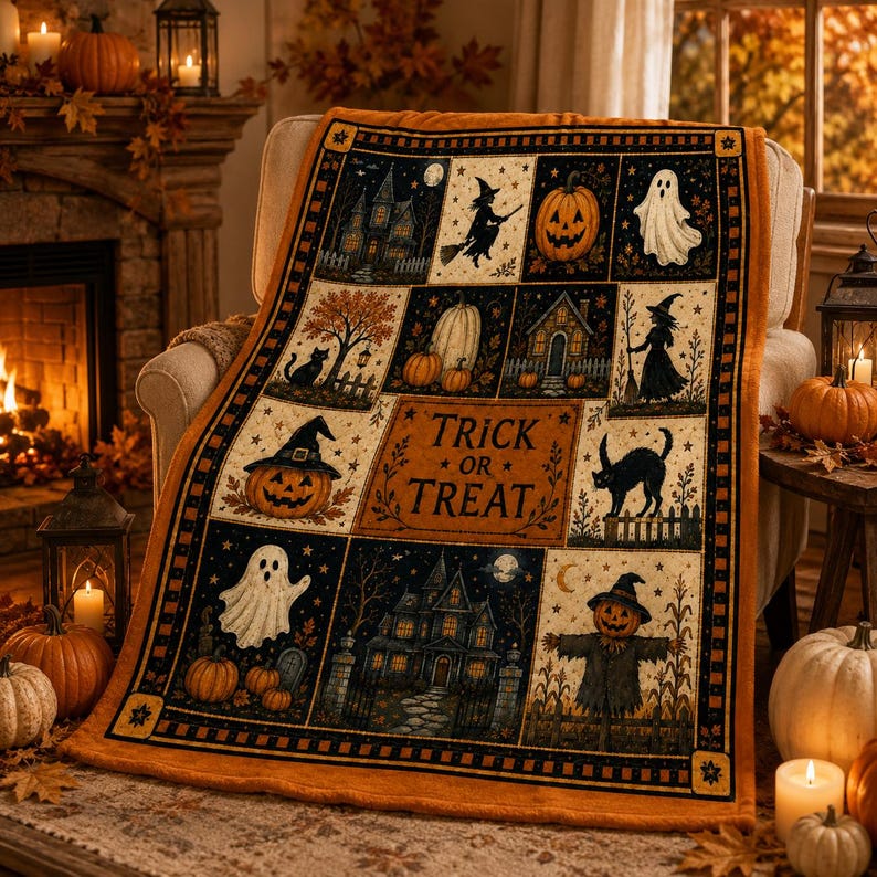 Vintage Halloween Flannel Blanket,Trick or Treat Pumpkin Ghost Witch Black Cat Throw,Spooky Autumn Home Decor,Cozy Fall Gift for Her Autumn