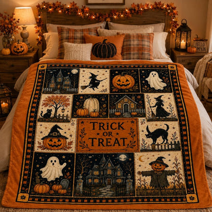 Vintage Halloween Flannel Blanket,Trick or Treat Pumpkin Ghost Witch Black Cat Throw,Spooky Autumn Home Decor,Cozy Fall Gift for Her Autumn