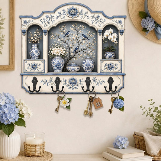 Blue Floral Key Holder, Chinoiserie Wall Organizer, Cottage Entryway Decor