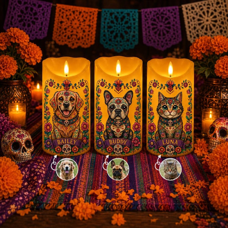 Personalized Pet Loss Candle, Custom Dog Memorial LED Candle, Sugar Skull Day of Dead Decor
