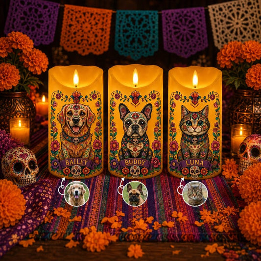 Personalized Pet Loss Candle, Custom Dog Memorial LED Candle, Sugar Skull Day of Dead Decor
