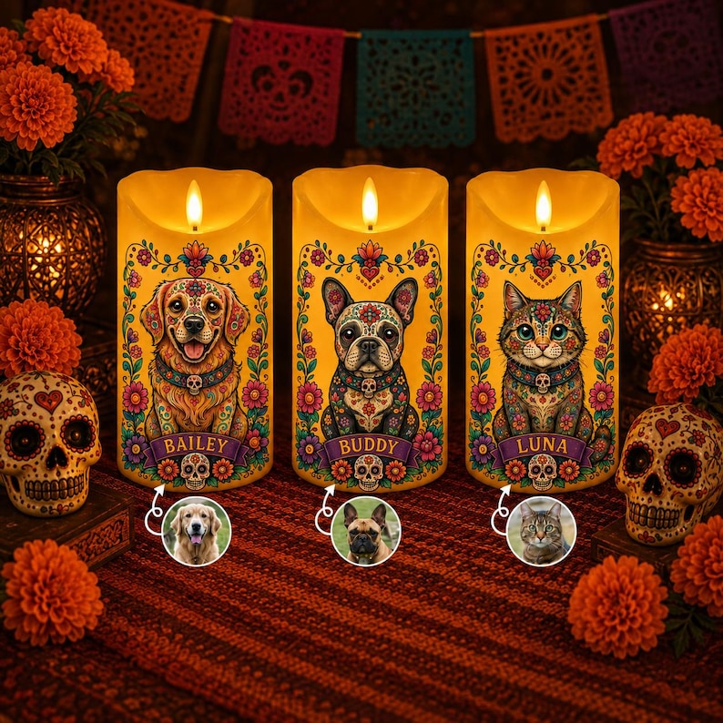 Personalized Pet Loss Candle, Custom Dog Memorial LED Candle, Sugar Skull Day of Dead Decor