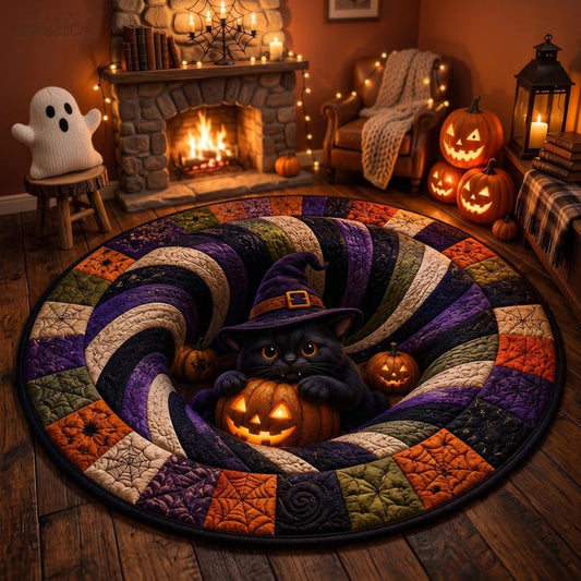 3D Halloween Black Cat Round Rug, Cute Witch Cat Optical Illusion Carpet, Spooky Pumpkin Quilted Floor Mat, Fall Decor Cat Lover Gift