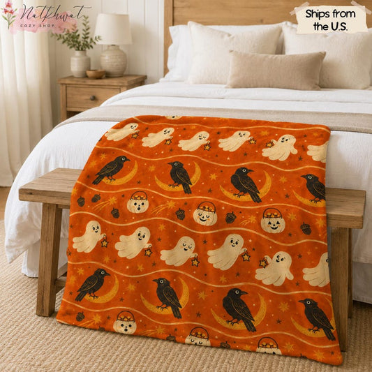 Cute Halloween Blanket, Ghost Raven Moon Throw, Pumpkin Candy Bucket Fall Decor, Vintage Cottagecore Spooky Season Gift