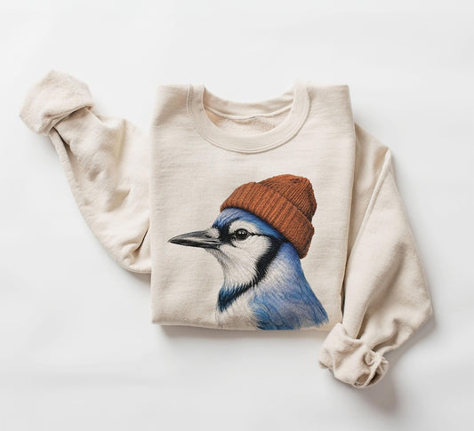 Retro 90's Blue Jay Wearing Beanie - Vintage Birdwatching Birding Unisex Sweatshirt
