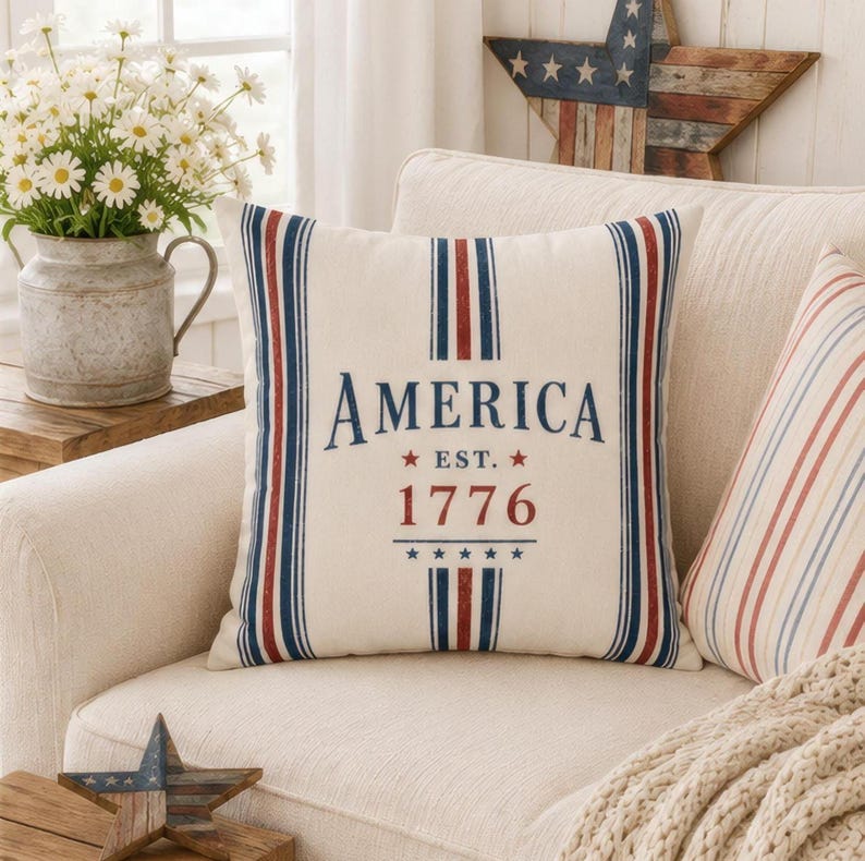 Striped America 1776 Pillow Cover, Patriotic Farmhouse Throw Pillowcase, Vintage Americana Home Accent Decor, July 4th Cushion Case Gift