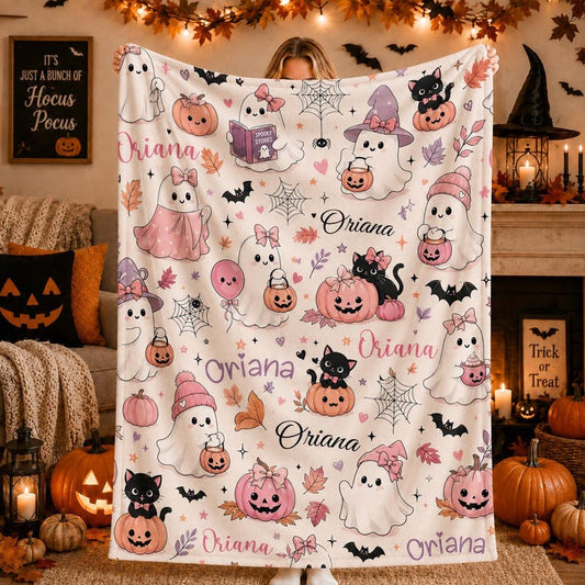 Personalized Halloween Blanket, Custom Name Ghost Blanket, Pink Coquette Bow Pumpkin Throw, Cute Halloween Gift for Girls,Halloween keepsake