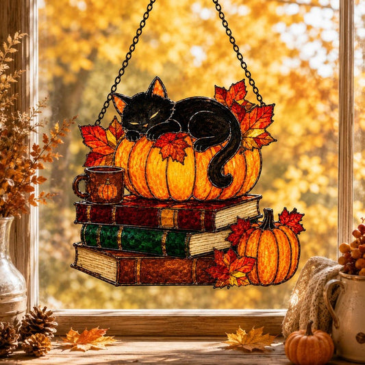 Black Cat Pumpkin Acrylic Suncatcher, Witchy Black Cat Book Stack Window Hanging, Halloween Suncatcher, Thanksgiving Gift For Cat Lovers