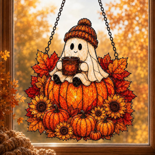 Ghost Drinking Coffee Moon Acrylic Suncatcher, Ghost Pumpkin Autumn Window Hanging, Halloween Suncatcher, Thanksgiving Gift For Coffee Lover
