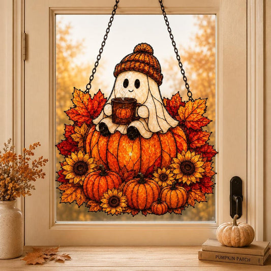 Ghost Drinking Coffee Moon Acrylic Suncatcher, Ghost Pumpkin Autumn Window Hanging, Halloween Suncatcher, Thanksgiving Gift For Coffee Lover