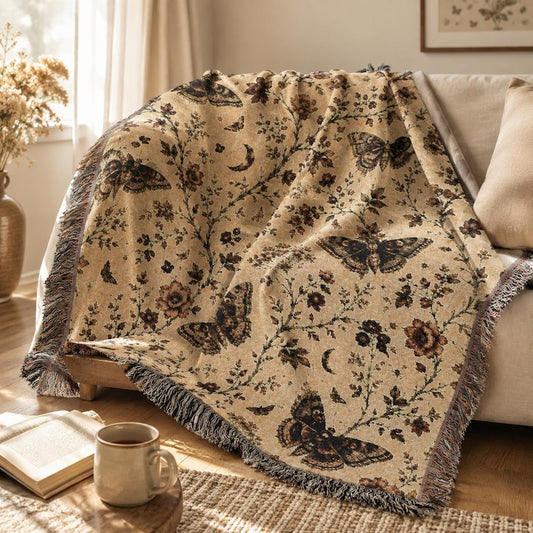 Vintage Moth Woven Blanket Dark Botanical Throw Celestial Floral Tapestry Cottagecore Decor Gothic Autumn Home Decor Cozy Gift