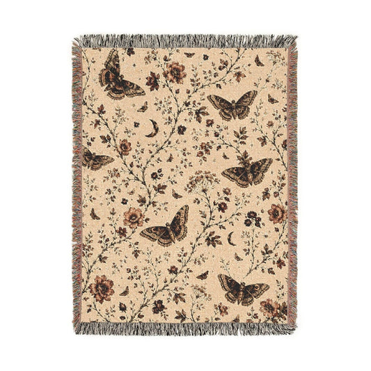 Vintage Moth Woven Blanket Dark Botanical Throw Celestial Floral Tapestry Cottagecore Decor Gothic Autumn Home Decor Cozy Gift