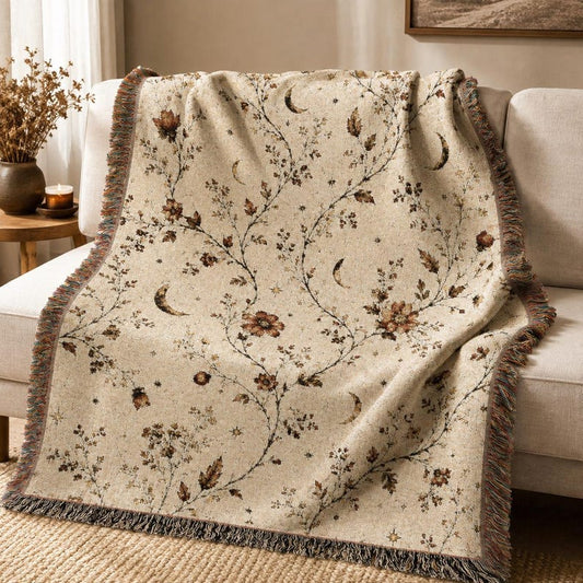 Celestial Floral Woven Blanket, Vintage Botanical Throw, Cottagecore Moon Blanket, Autumn Home Decor, Cozy Cotton Tapestry Throw