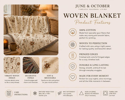 Celestial Floral Woven Blanket, Vintage Botanical Throw, Cottagecore Moon Blanket, Autumn Home Decor, Cozy Cotton Tapestry Throw