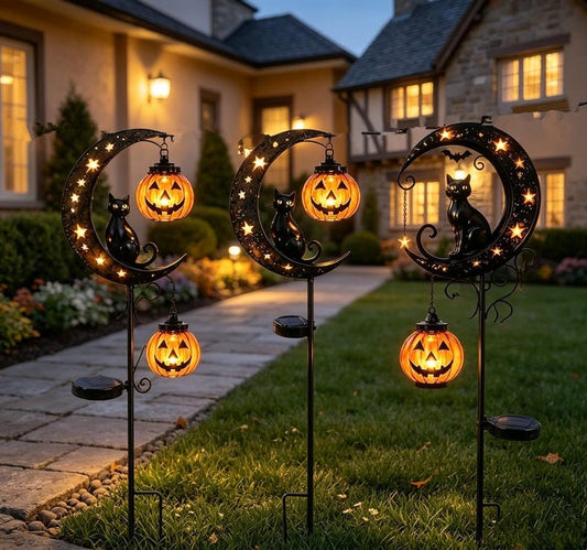 Solar Halloween Garden Stakes Lights, Black Cat & Pumpkin Lantern Pathway Lights, Outdoor Metal Yard Art Spooky Fall Decor Gift