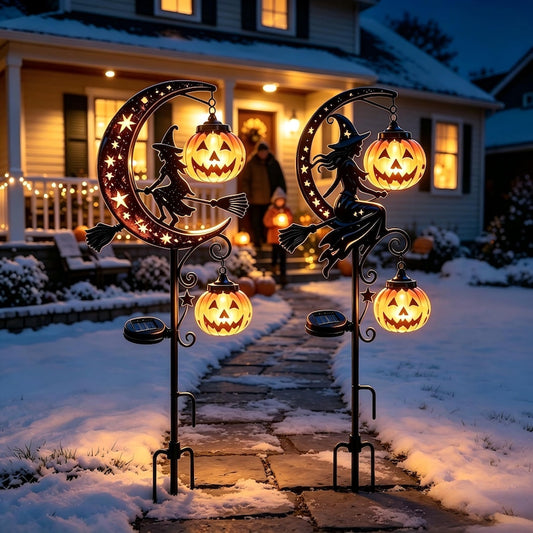 Halloween Solar Garden Stake Light, Witch Crescent Moon Pumpkin Lantern, Metal Outdoor Yard Decor