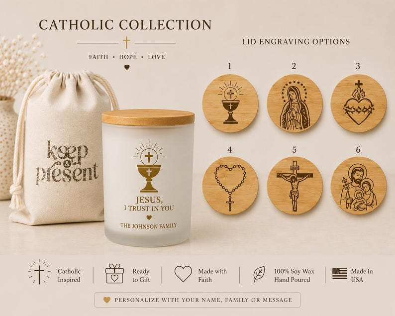 Personalized Catholic Candle, Bible Verse Candle, Catholic Gift, First Communion Gift, Prayer Candle, Engraved Bamboo Lid