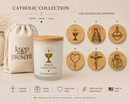 Personalized Catholic Candle, Bible Verse Candle, Catholic Gift, First Communion Gift, Prayer Candle, Engraved Bamboo Lid