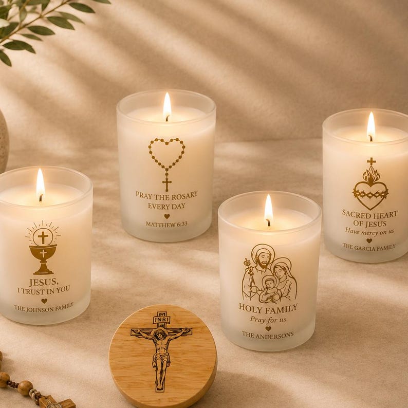 Personalized Catholic Candle, Bible Verse Candle, Catholic Gift, First Communion Gift, Prayer Candle, Engraved Bamboo Lid