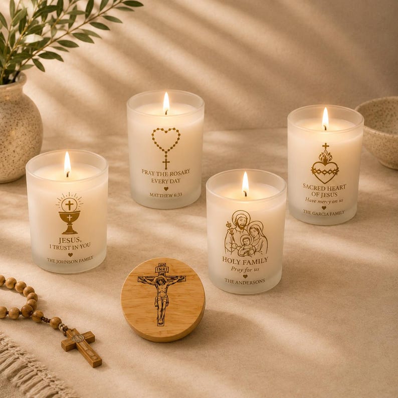 Personalized Catholic Candle, Bible Verse Candle, Catholic Gift, First Communion Gift, Prayer Candle, Engraved Bamboo Lid