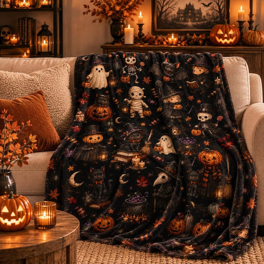 Vintage Halloween Blanket Spooky Cute Velveteen Plush Throw Ghost Witch Skeleton Pumpkin Black Cat Cozy Halloween Home Decor