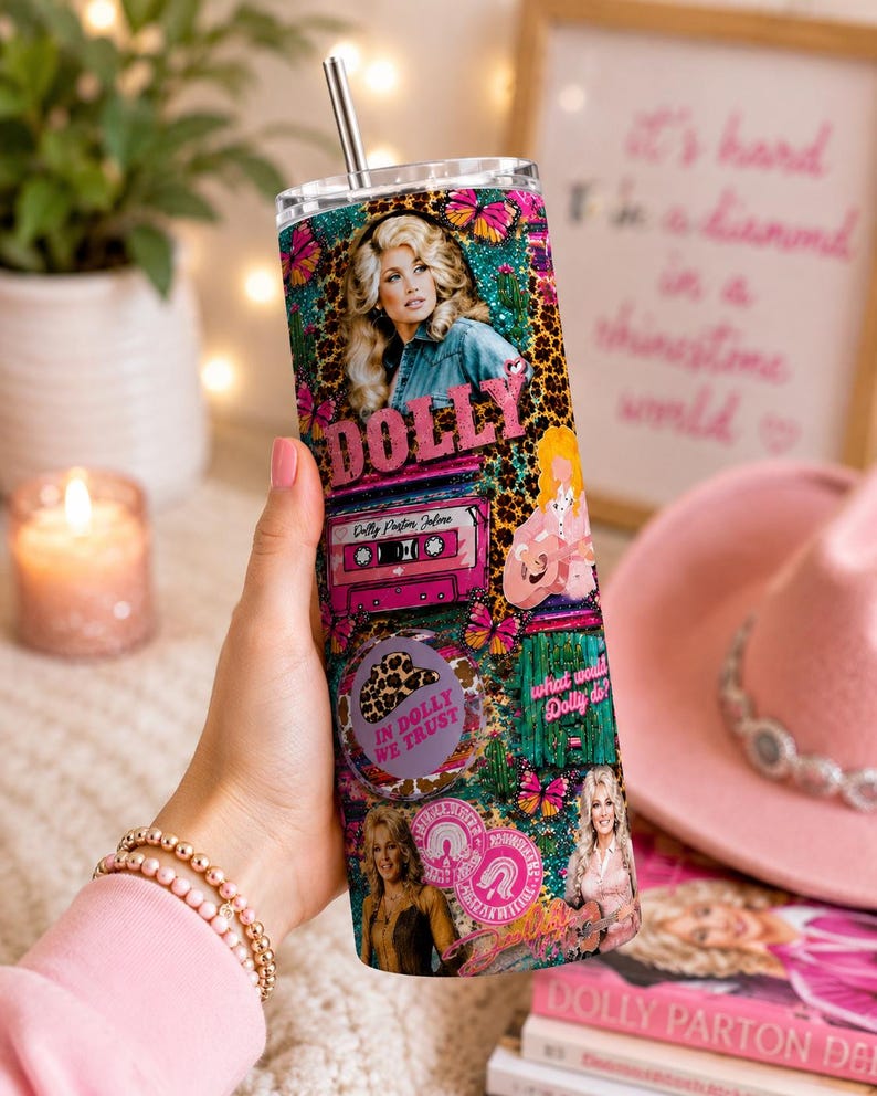 Dolly Parton 20oz Skinny Tumbler, Pink Country Music Lover Gift (Sublimation Design)
