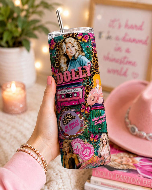 Dolly Parton 20oz Skinny Tumbler, Pink Country Music Lover Gift (Sublimation Design)