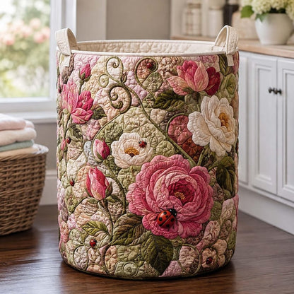 Pink Peony Ladybug Quilted Laundry Basket: Botanical Rose Garden Storage Bin, Cottagecore Floral Fabric Hamper