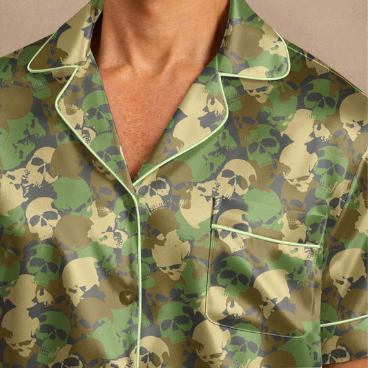 Skull Camo Pajama Set for Men, Military Camouflage Satin Pajamas, Skeleton Skull PJs, Short or Long Sleeve Sleepwear