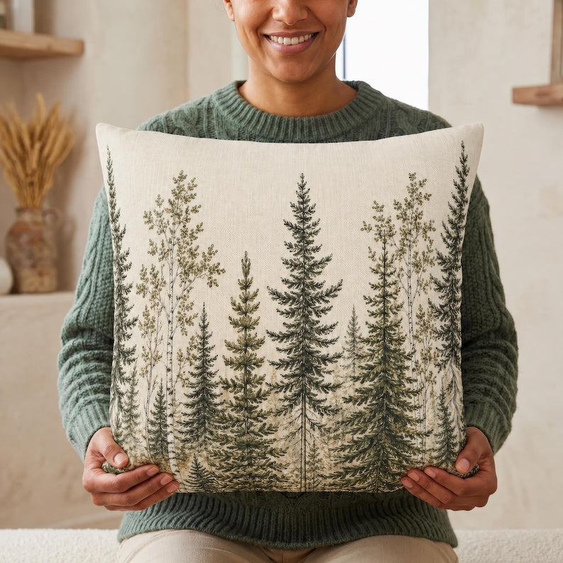 Forest Pillow Cover, Evergreen Tree Throw Pillowcase, Rustic Woodland Cabin Decor, Neutral Cottagecore Pine Tree Cushion Case Gift for Home