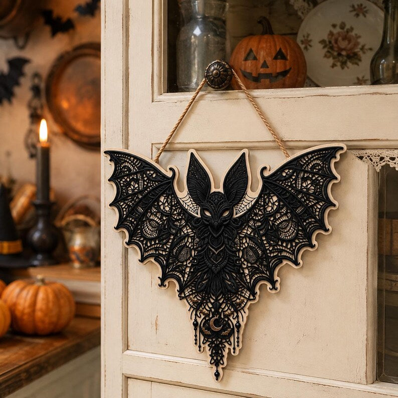 Gothic Bat Door Hanger, Halloween Wooden Sign, Spooky Bat Wall Decor, Witchy Home Decor, Gothic Halloween Decor, Front Door Decoration
