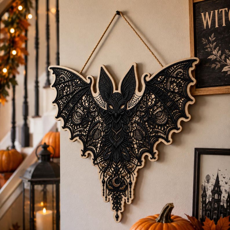 Gothic Bat Door Hanger, Halloween Wooden Sign, Spooky Bat Wall Decor, Witchy Home Decor, Gothic Halloween Decor, Front Door Decoration