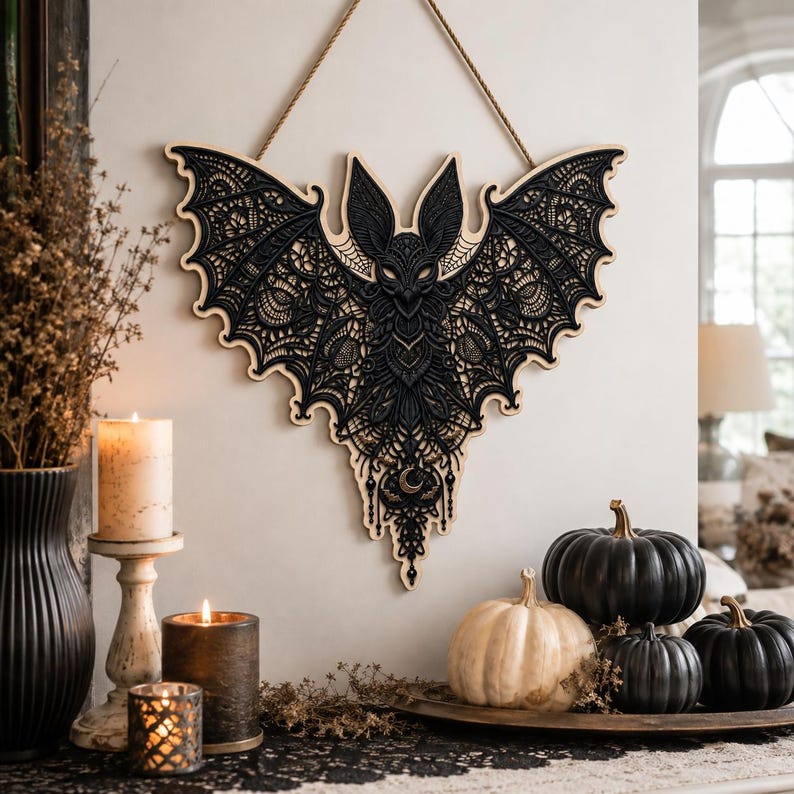 Gothic Bat Door Hanger, Halloween Wooden Sign, Spooky Bat Wall Decor, Witchy Home Decor, Gothic Halloween Decor, Front Door Decoration
