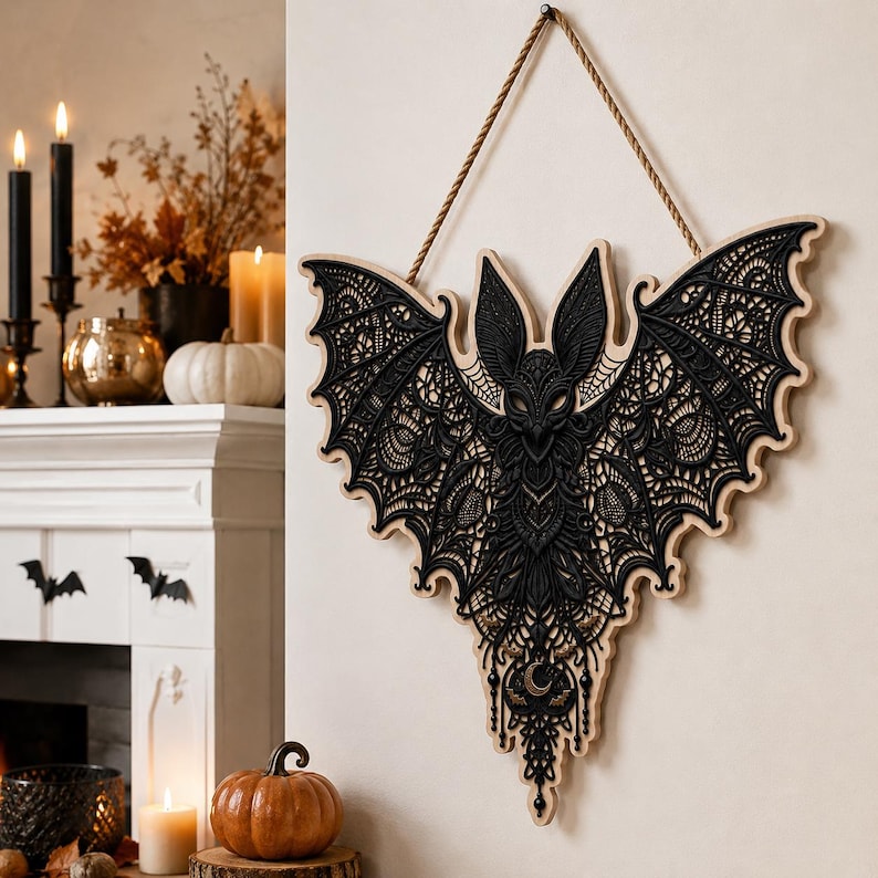 Gothic Bat Door Hanger, Halloween Wooden Sign, Spooky Bat Wall Decor, Witchy Home Decor, Gothic Halloween Decor, Front Door Decoration
