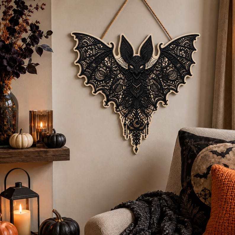 Gothic Bat Door Hanger, Halloween Wooden Sign, Spooky Bat Wall Decor, Witchy Home Decor, Gothic Halloween Decor, Front Door Decoration
