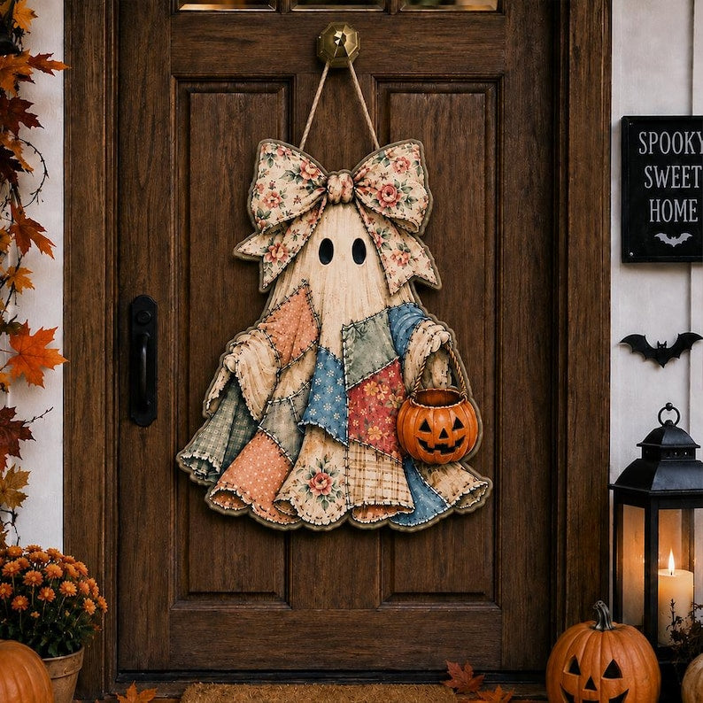 Patchwork Ghost Halloween Door Hanger, Personalized Floral Bow Ghost Wood Sign, Pumpkin Trick or Treat Door Decor, Rustic Fall Porch Sign