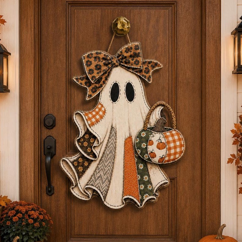 Patchwork Ghost Halloween Door Hanger, Personalized Floral Bow Ghost Wood Sign, Pumpkin Trick or Treat Door Decor, Rustic Fall Porch Sign