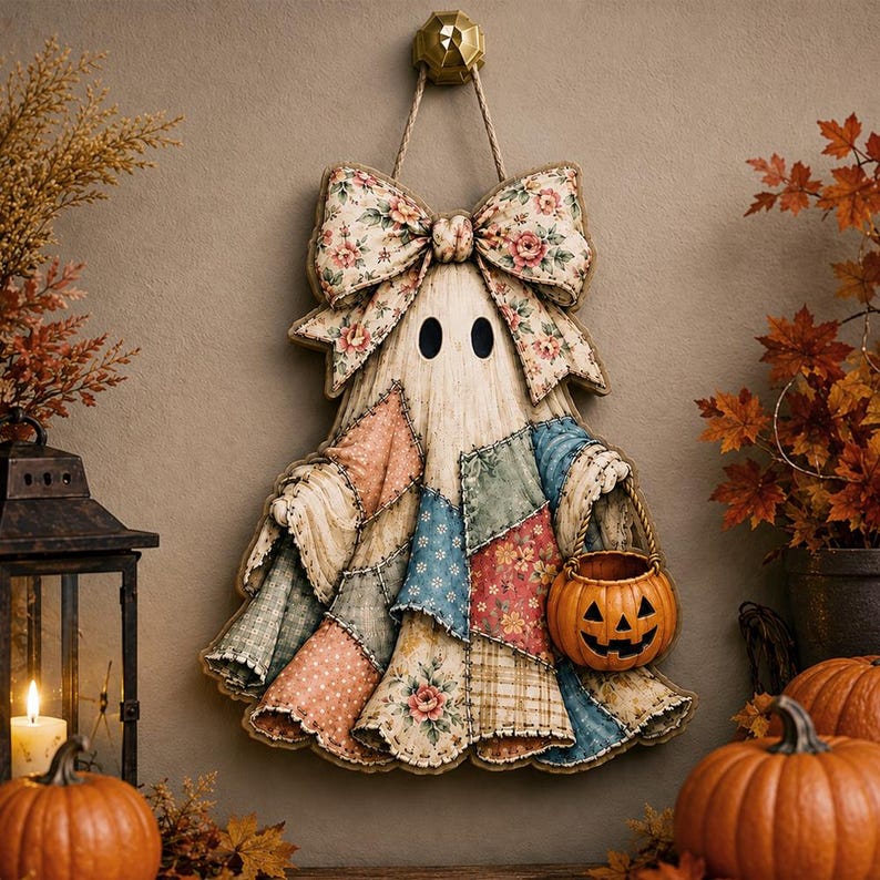 Patchwork Ghost Halloween Door Hanger, Personalized Floral Bow Ghost Wood Sign, Pumpkin Trick or Treat Door Decor, Rustic Fall Porch Sign