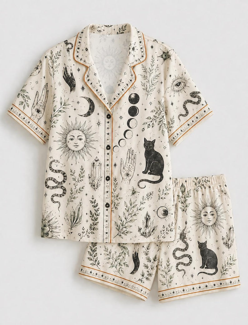 Witchy Pajama Set for Women, Celestial Occult Print Satin PJs, Black Cat Moon Sleepwear, Mystic Gothic Lounge Set Gift