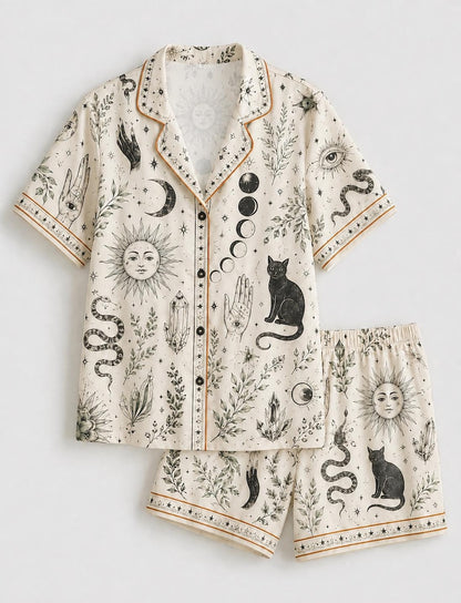 Witchy Pajama Set for Women, Celestial Occult Print Satin PJs, Black Cat Moon Sleepwear, Mystic Gothic Lounge Set Gift