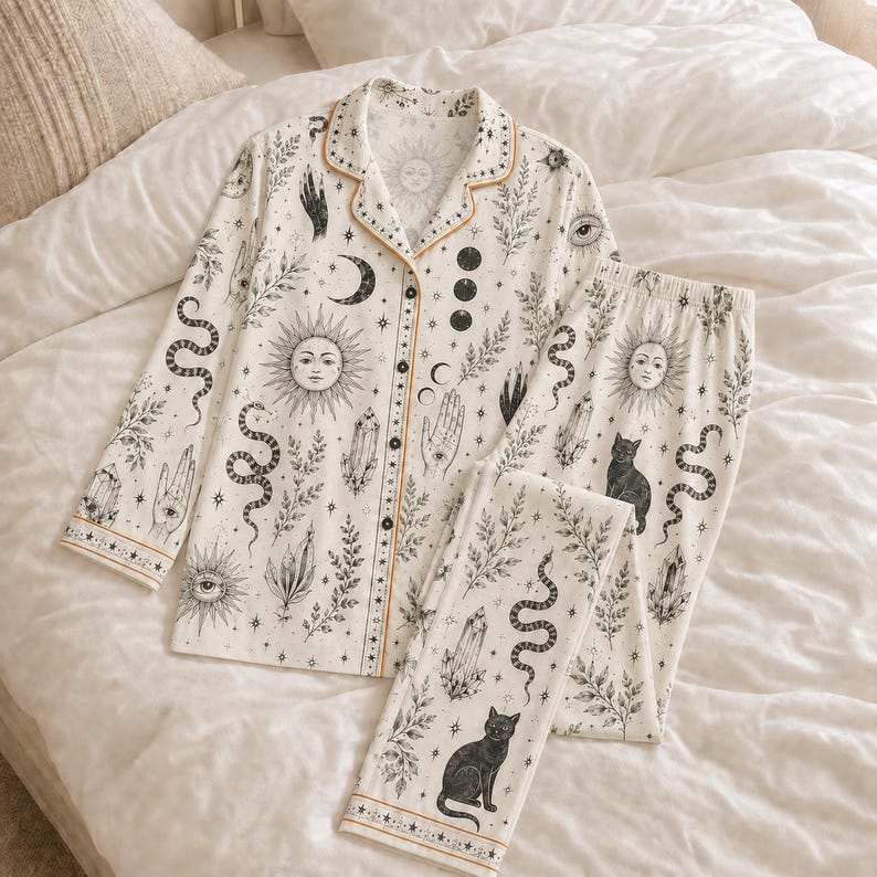 Witchy Pajama Set for Women, Celestial Occult Print Satin PJs, Black Cat Moon Sleepwear, Mystic Gothic Lounge Set Gift