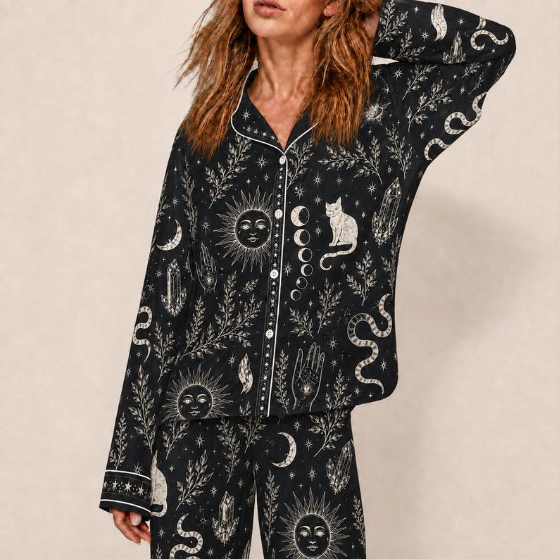 Witchy Pajama Set for Women, Celestial Occult Print Satin PJs, Black Cat Moon Sleepwear, Mystic Gothic Lounge Set Gift