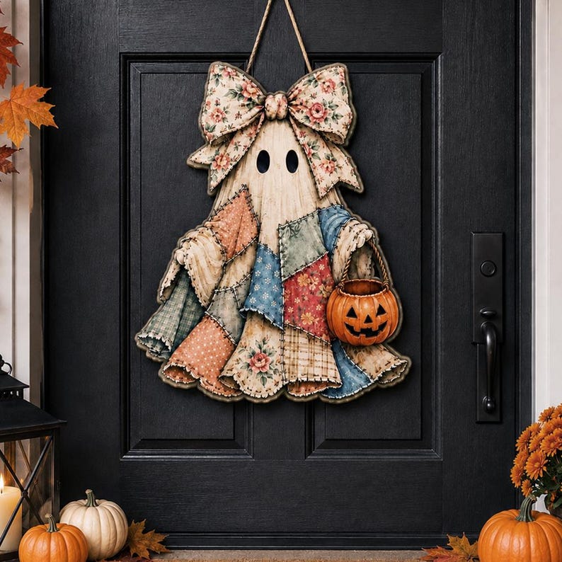 Patchwork Ghost Halloween Door Hanger, Personalized Floral Bow Ghost Wood Sign, Pumpkin Trick or Treat Door Decor, Rustic Fall Porch Sign